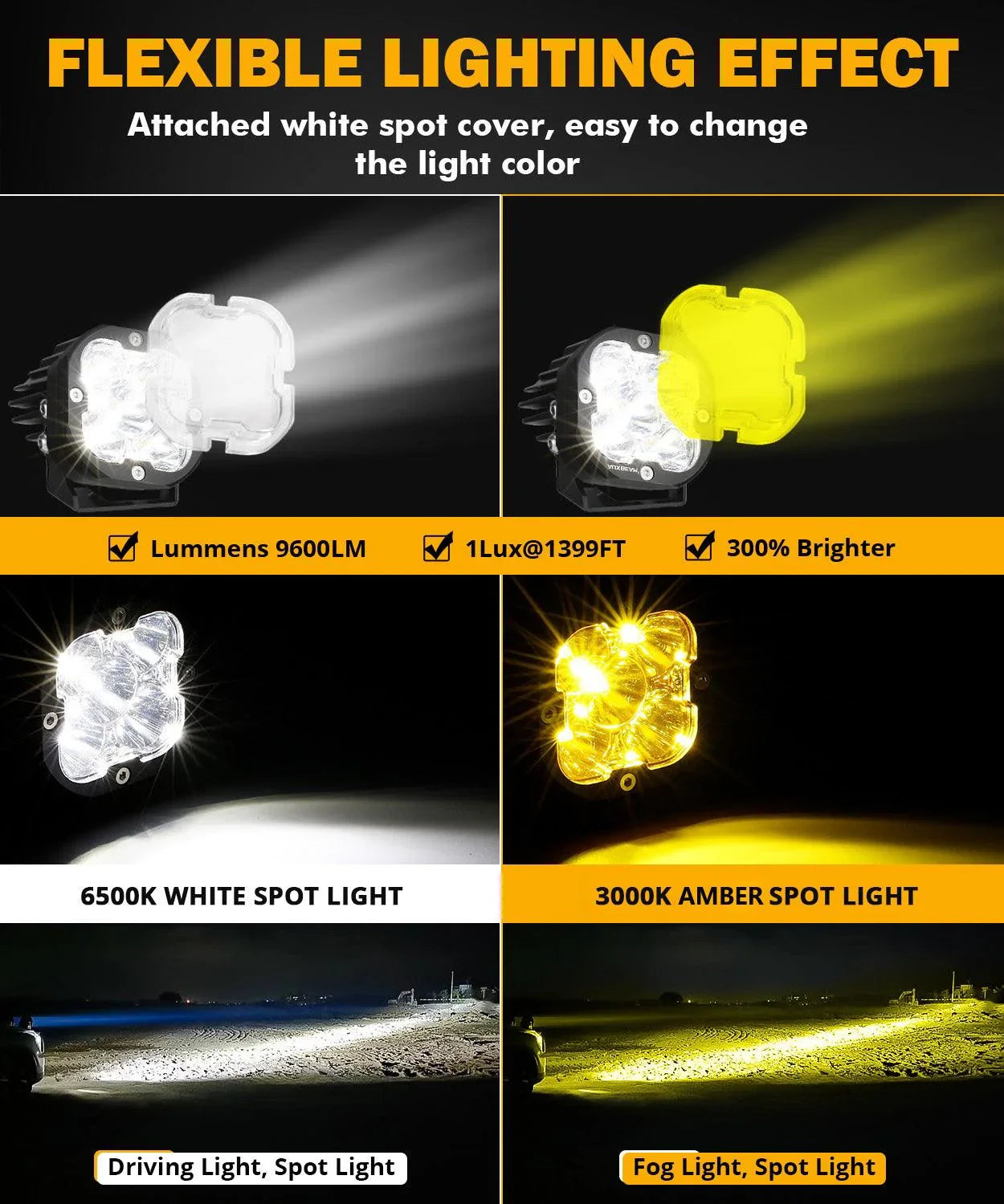 XP-ULTRA Series 3 Inch 80W Spot Beam LED Pods Amber&White Offroad Lights — 2Pcs Pod Light / Without Covers - Image 2