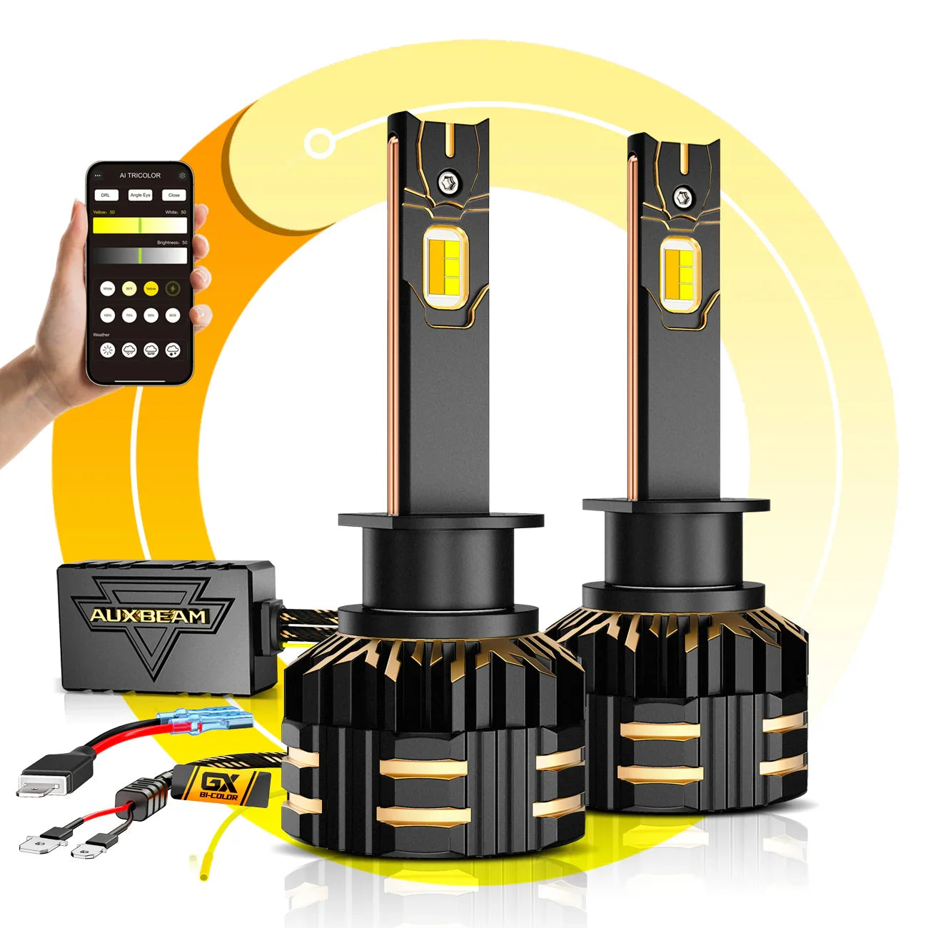 πH1 LED Bulb Fog Light/Low Beam Lighs 110W 25000LM GX Bi-Color Smart Series, with App Control Via Bluetooth & Dual Color Switchback | 2 Bulbs