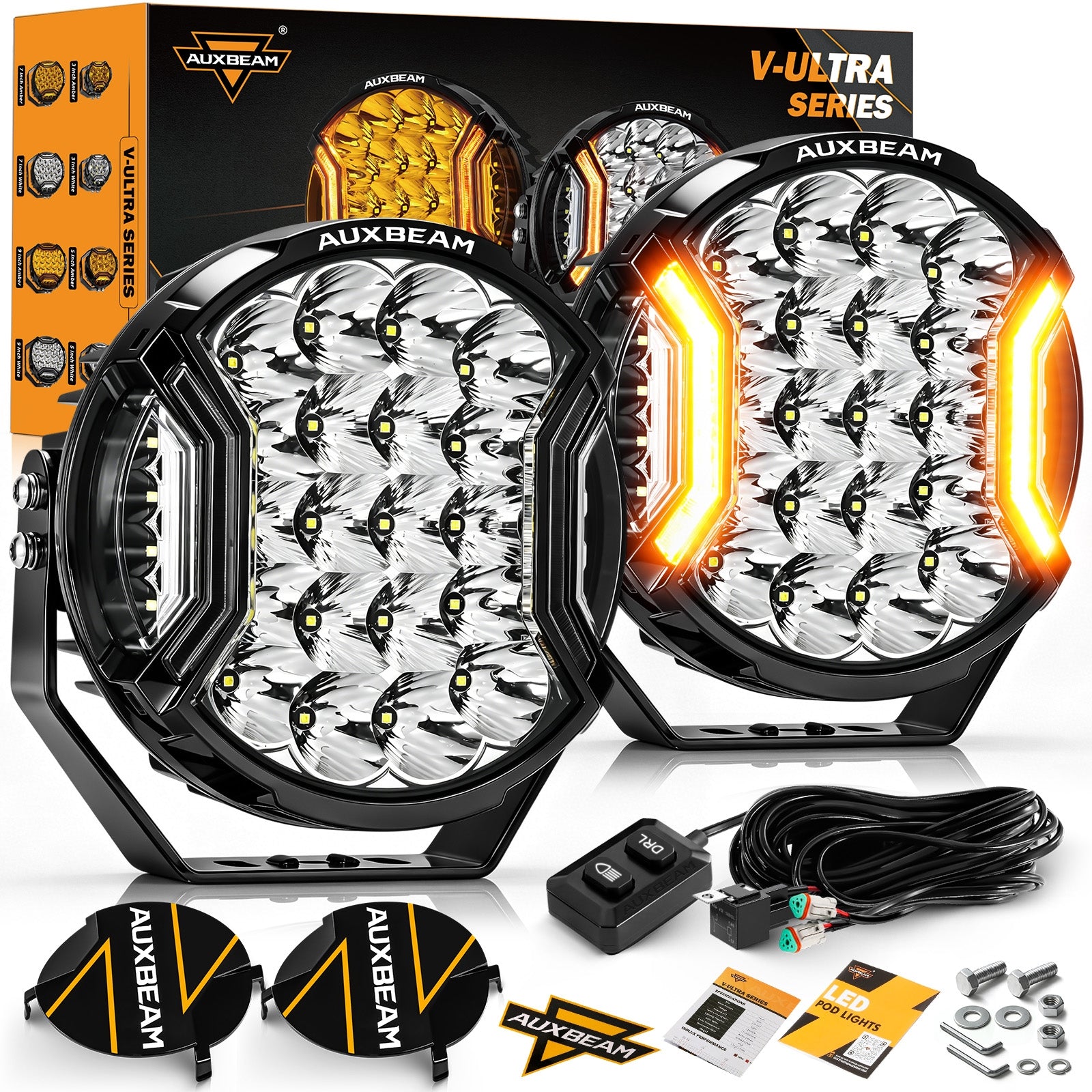 V-ULTRA Series | 9 Inch 300W LED Side Shooter White Driving Lights with Amber DRL — Driving Lights + Black Covers