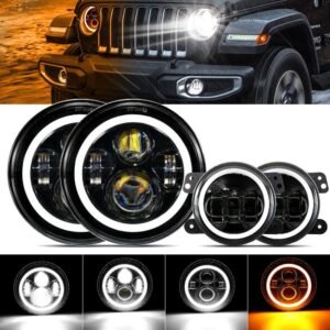 7'' LED Halo Headlights & 4'' 30W LED Fog Lights With White DRL with Amber Turn Signal For Jeep Wrangler2007-2018 JK — 4" Fog Lights