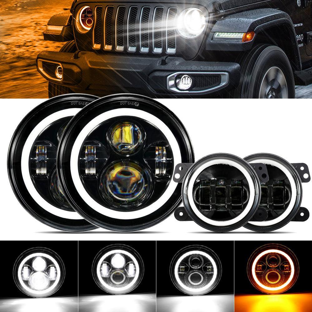 7'' LED Halo Headlights & 4'' 30W LED Fog Lights With White DRL with Amber Turn Signal For Jeep Wrangler2007-2018 JK — 4" Fog Lights