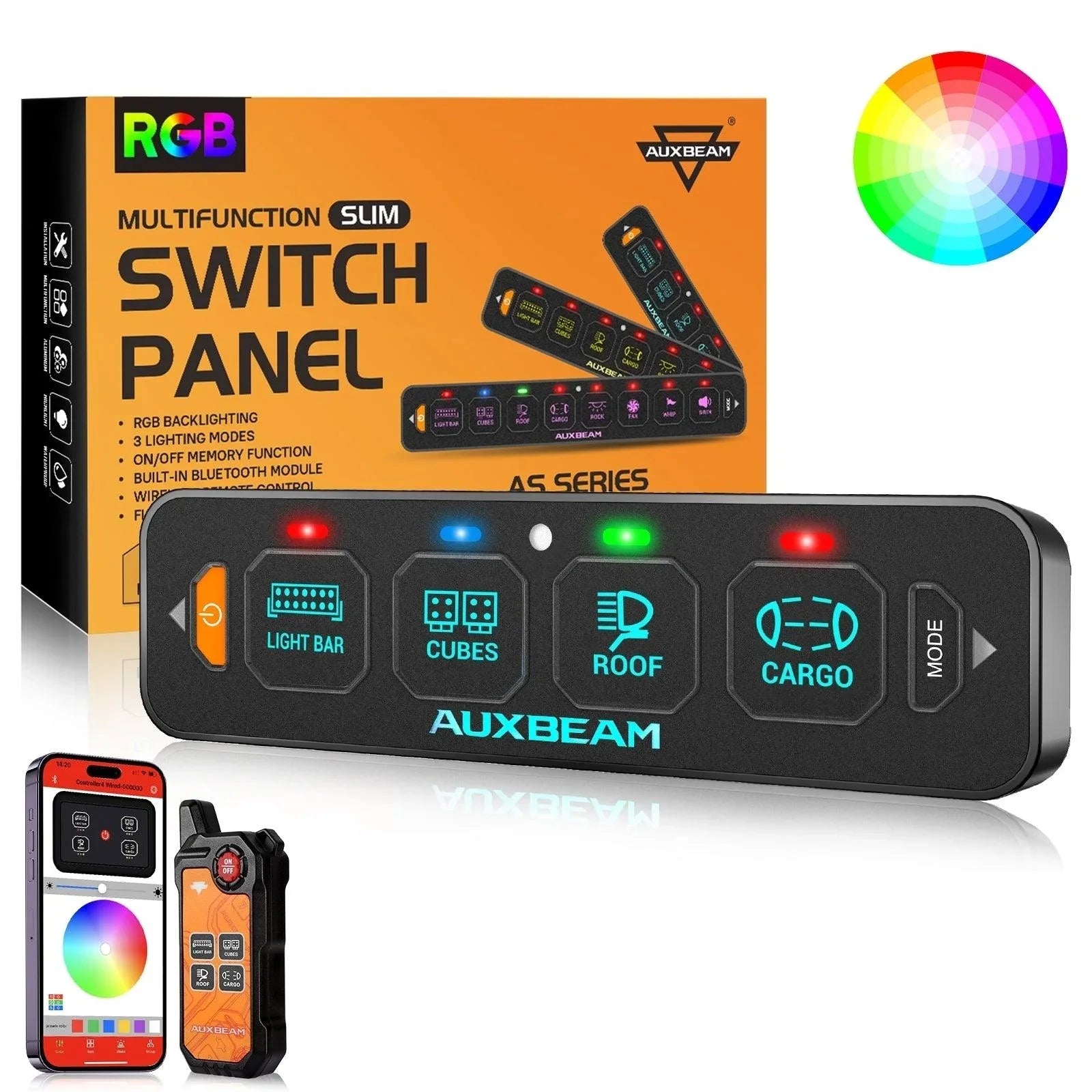 AS Series 4 Gang (AS-400) RGB Slim Switch Panel with APP&Remote Control, Toggle/ Momentary/ Pulsed Mode Supported(One-Sided Outlet) — AS-400 RGB Switch Panel