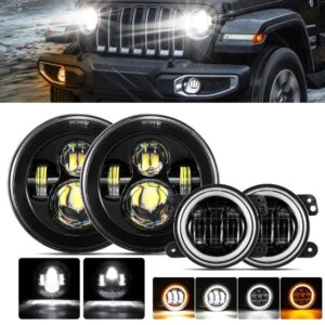 7'' LED Headlight Replacement And 4'' 30W LED Fog Lights with White DRL+Amber Turn Signal For Jeep Wrangler2007-2018 JK — 7'' LED Headlights