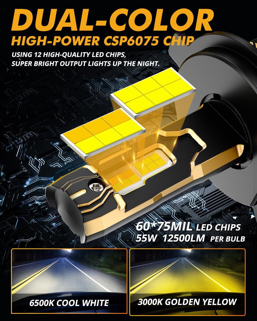 H4 LED Headlight Bulbs 110W 25000LM GX Bi-Color Series High Power & Brightness Dual Color Switchback | 2 Bulbs — H4 / - / - - Image 2