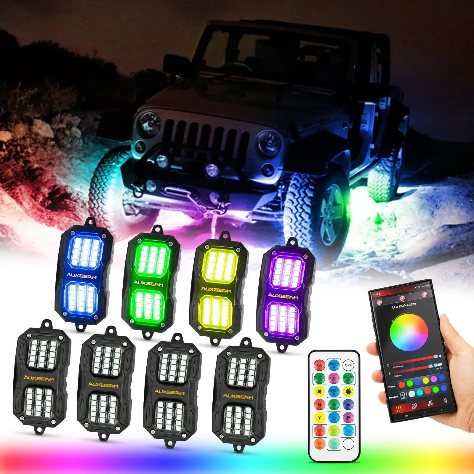 NEW Vibrant Series | 8PCS RGB LED Rock Lights Kit Multicolor Neon Underglow Lights with Bluetooth APP & Remote Control — Large