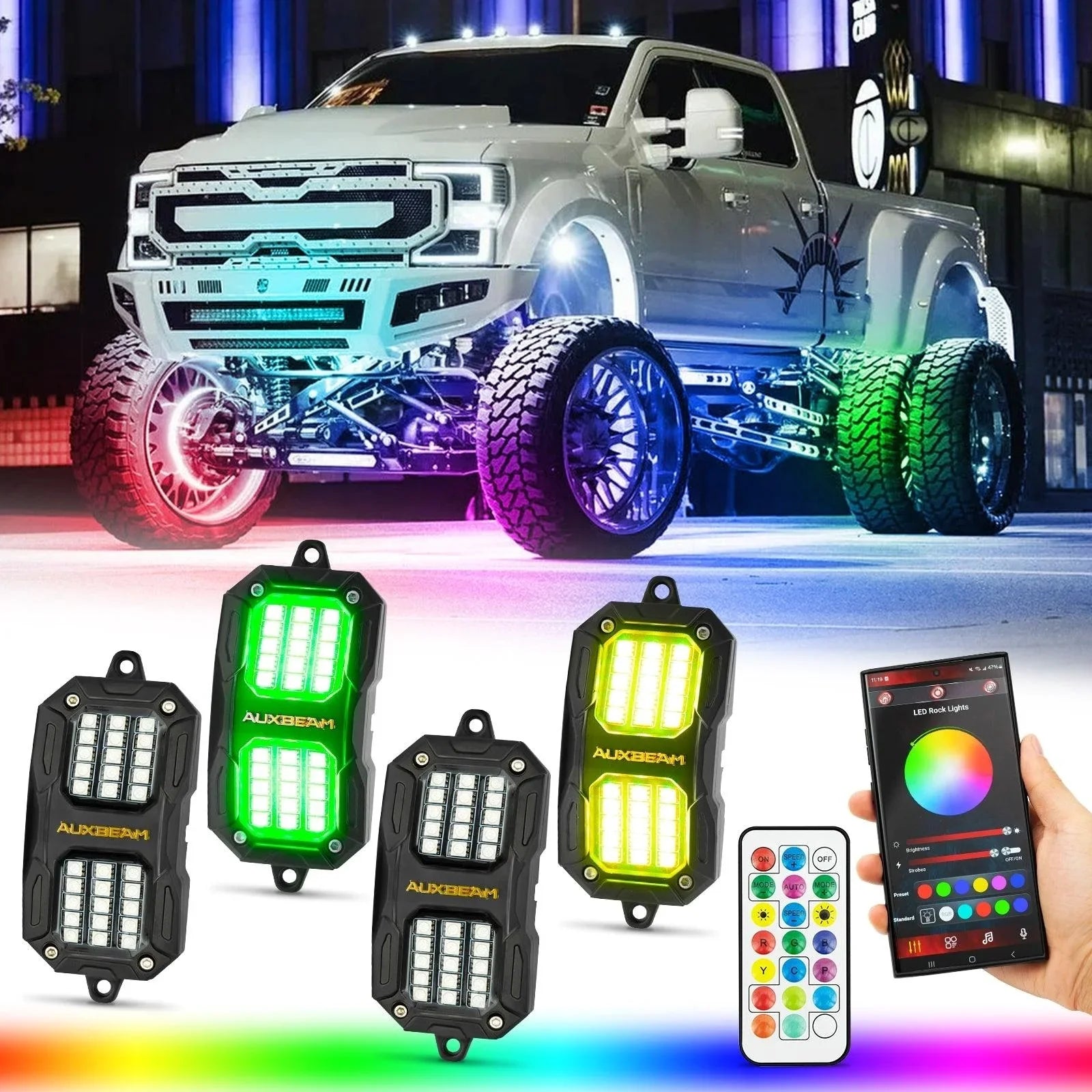 NEW Vibrant Series | 4PCS RGB LED Rock Lights Kit Multicolor Neon Underglow Lights with Bluetooth APP & Remote Control — Large