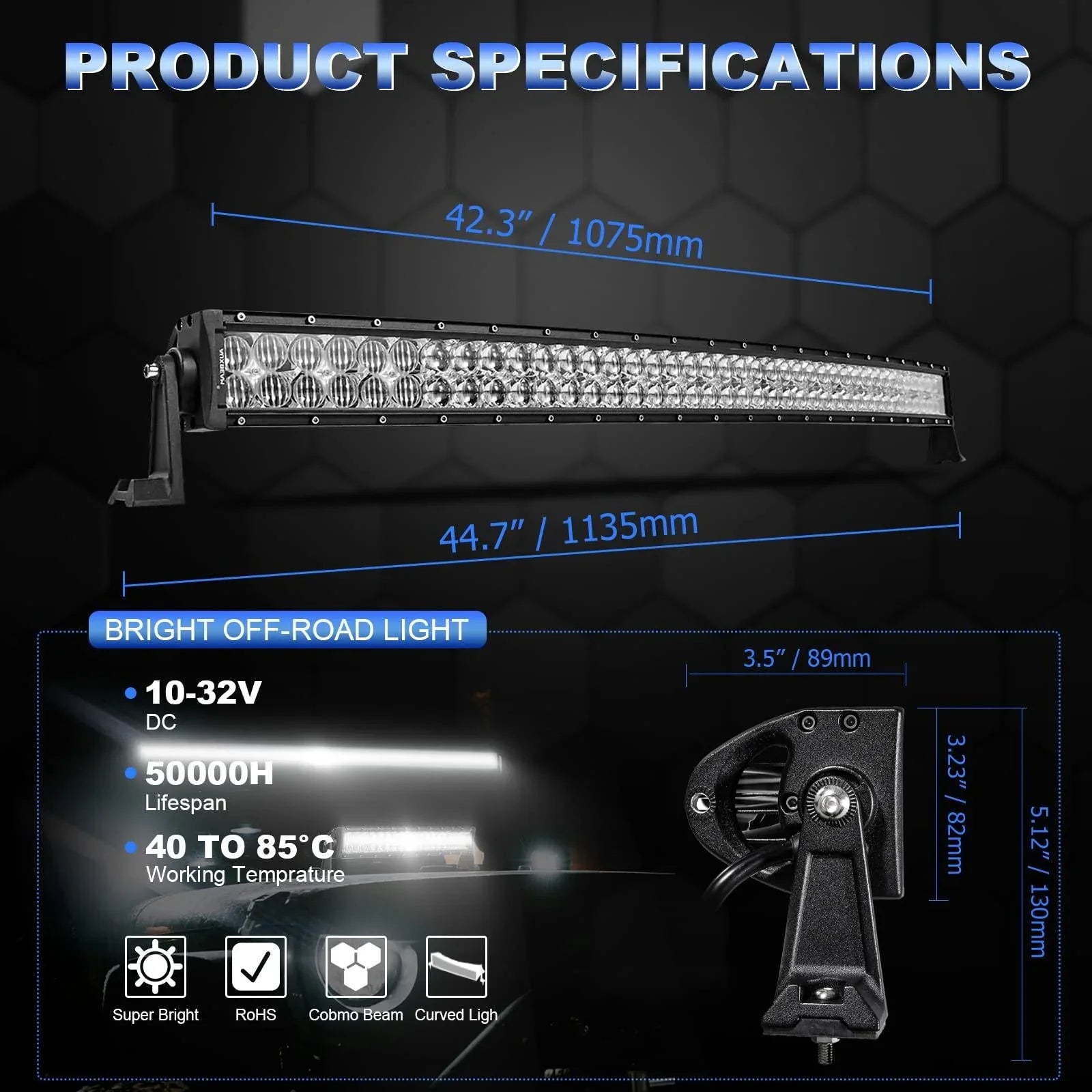 5D Series 42 Inch Combo Beam Dual Row Curved Off Road LED Light Bar - Image 2