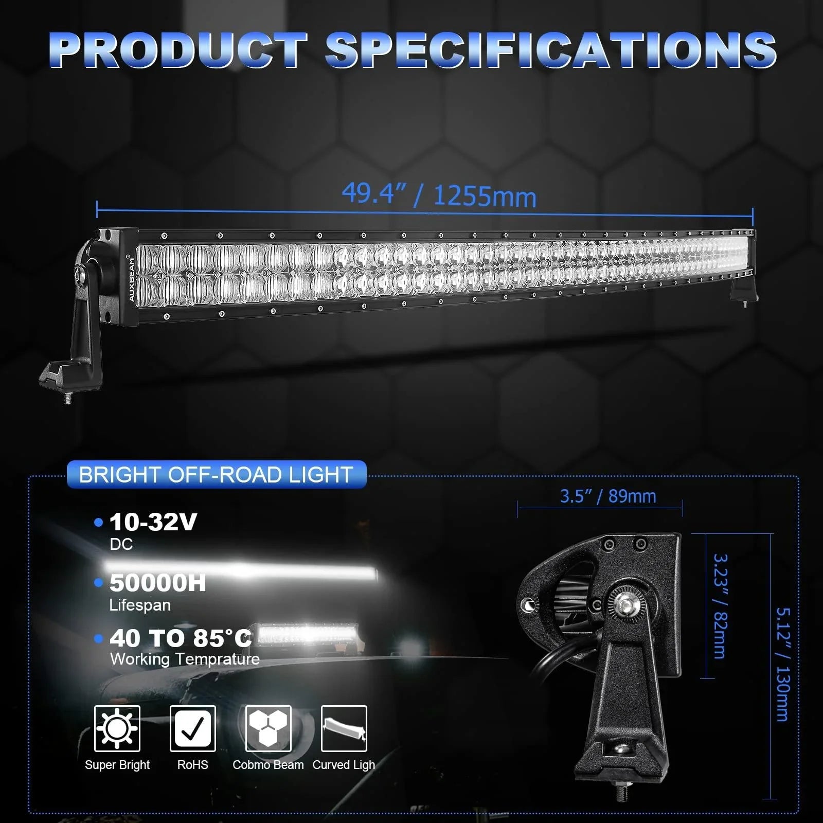 5D Series 50 Inch Combo Beam Dual Row Curved Off Road LED Light Bar - Image 2