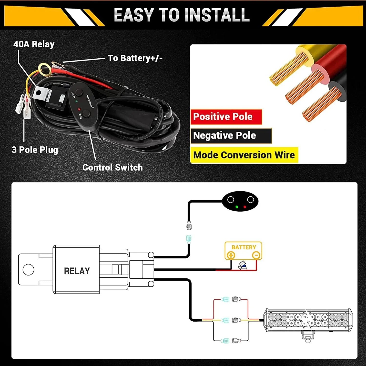 Wiring Harness 10FT, Customized for AUXBEAM 6 Modes LED Light Bar, 12V 40A Relay for Switching Between Different Modes — 2 leads - Image 2