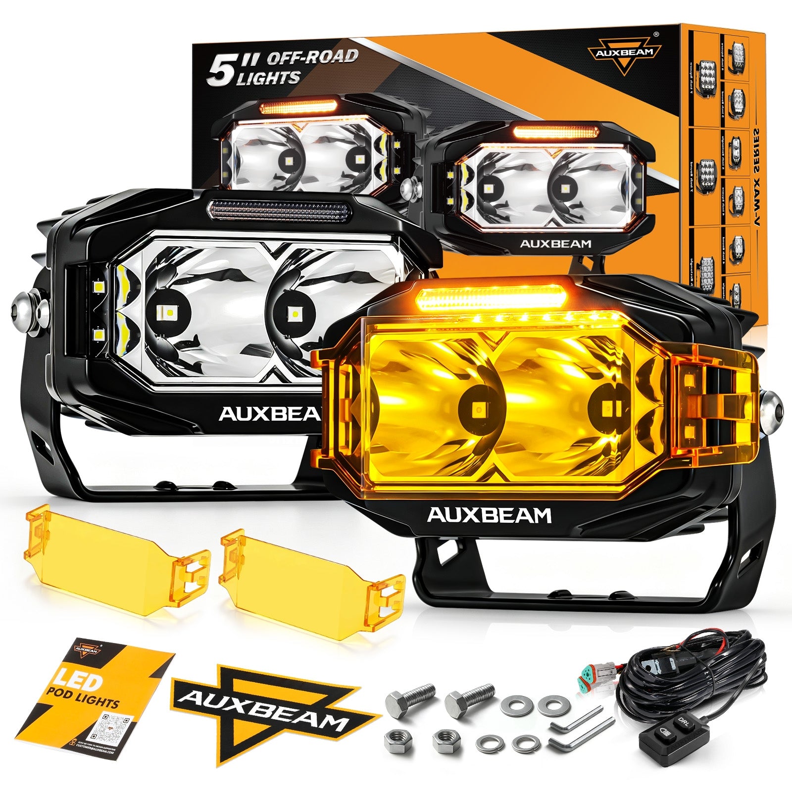 V-MAX Series | 5 Inch 138W 16200LM Spot Beam Side Shooter LED Rectangular Pod Lights with Amber DRL — 2Pcs Pod Light / With Amber Covers
