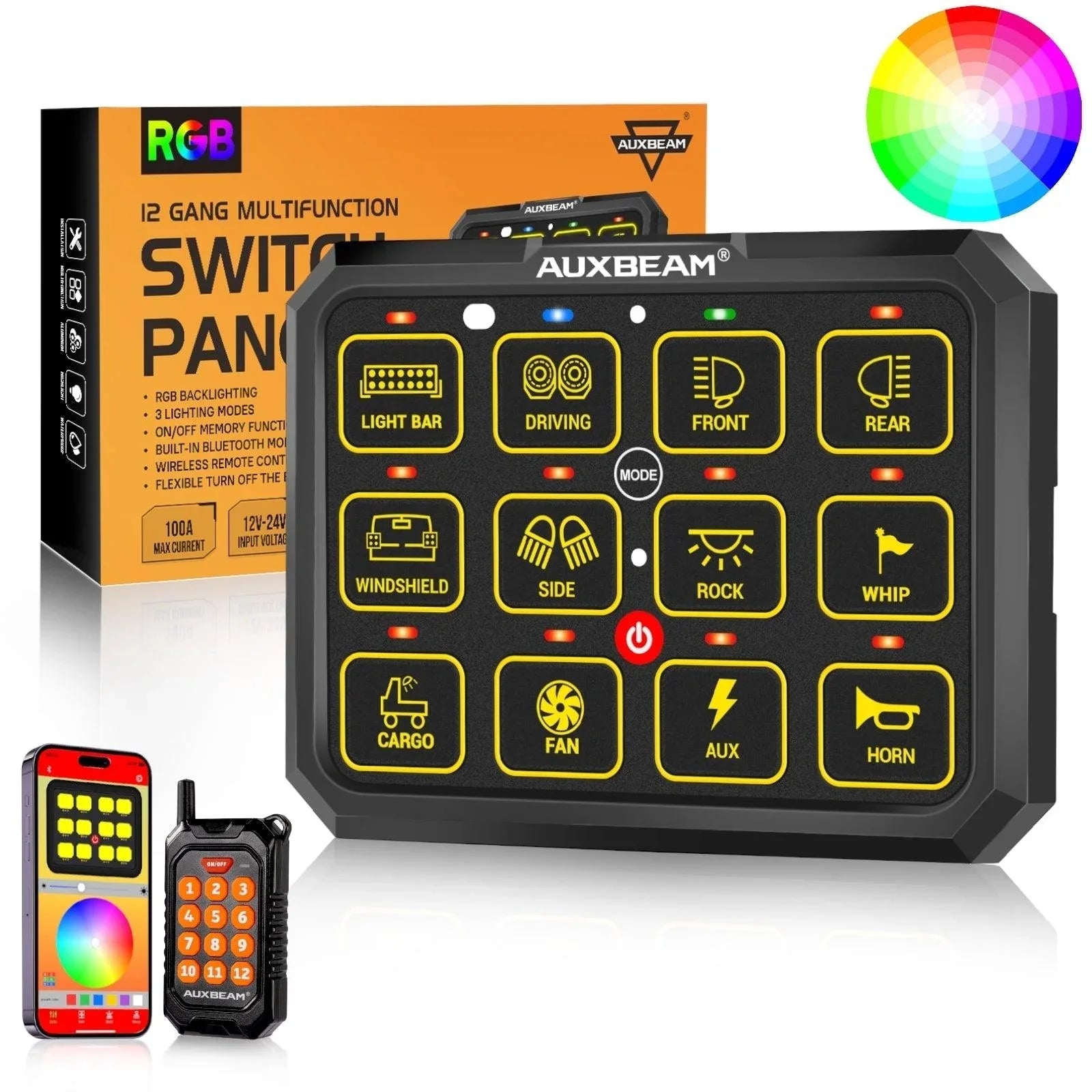 AC Series 8/12 Gang RGB Switch Panel with APP&Remote Control, Toggle/ Momentary/ Pulsed Mode Supported — 12 Gang / 1-Sided Outlet / Switch Panel Set