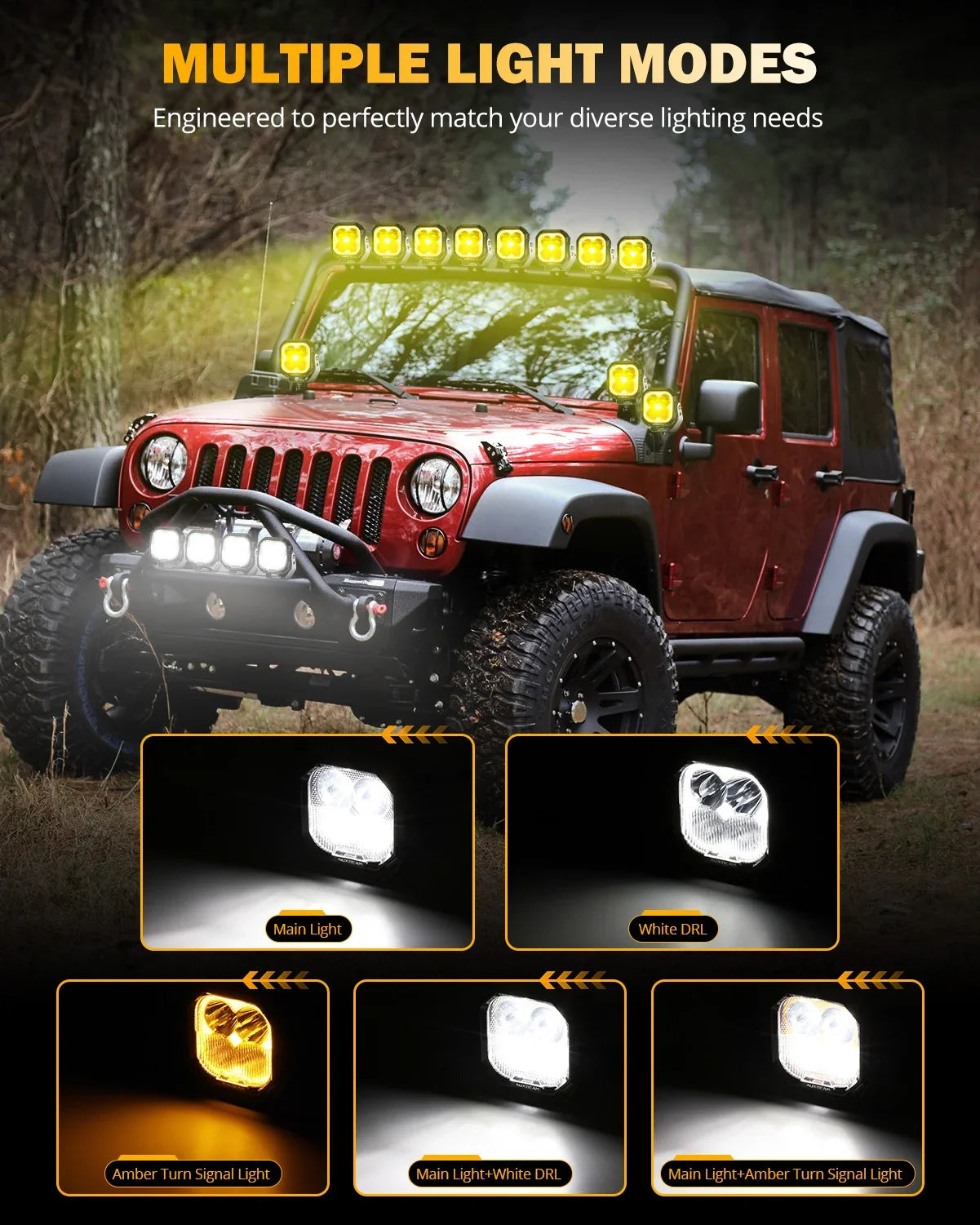 Color Play Series 3 Inch 100W Combo LED Pod Lights Off Road Lights with White DRL & Amber Turn Signal Lights — 2Pcs Pod Light / Without Black Covers - Image 2