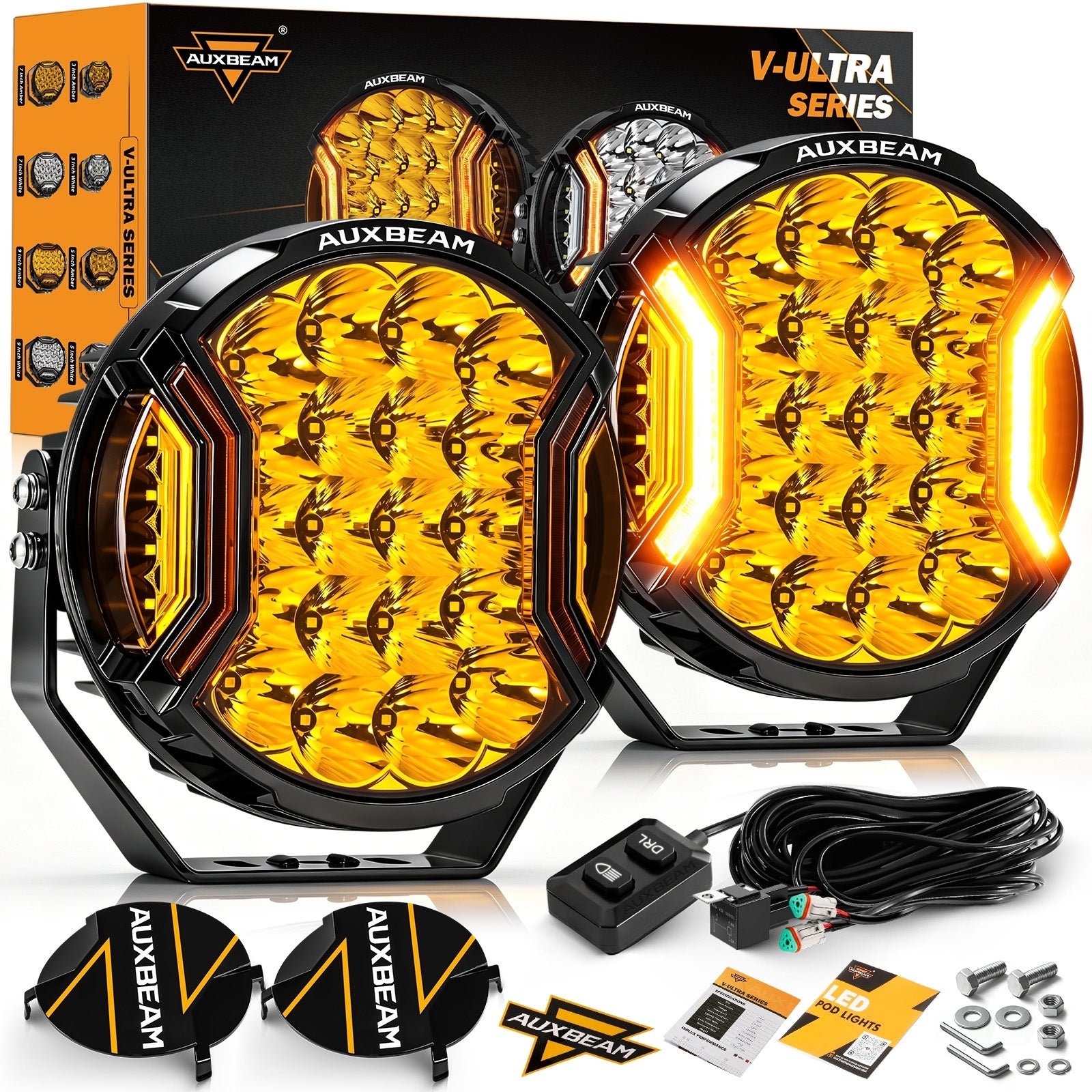 V-ULTRA Series | 9 Inch 300W LED Side Shooter Amber Driving Lights with Amber DRL — Driving Lights + Black Covers