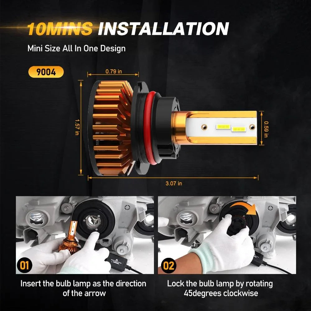 9004 LED Headlight Bulbs 52W 10000LM F2 Series Mini Size 6500K Cool White | 2 Bulbs — 9004/HB1 - Image 2