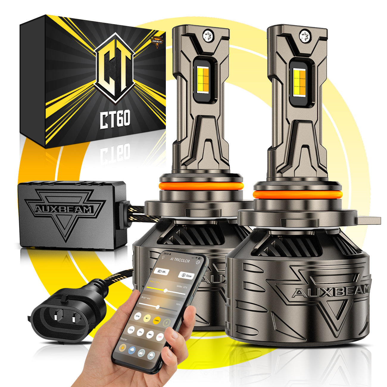 π9012/HIR2 LED Bulb Fog Light/Low Beam Lighs 120W 25000LM CT60 Series, with App Control Via Bluetooth & Dual Color Switchback β Cost-Effective Choice | 2 Bulbs β 9012/HIR2 / -