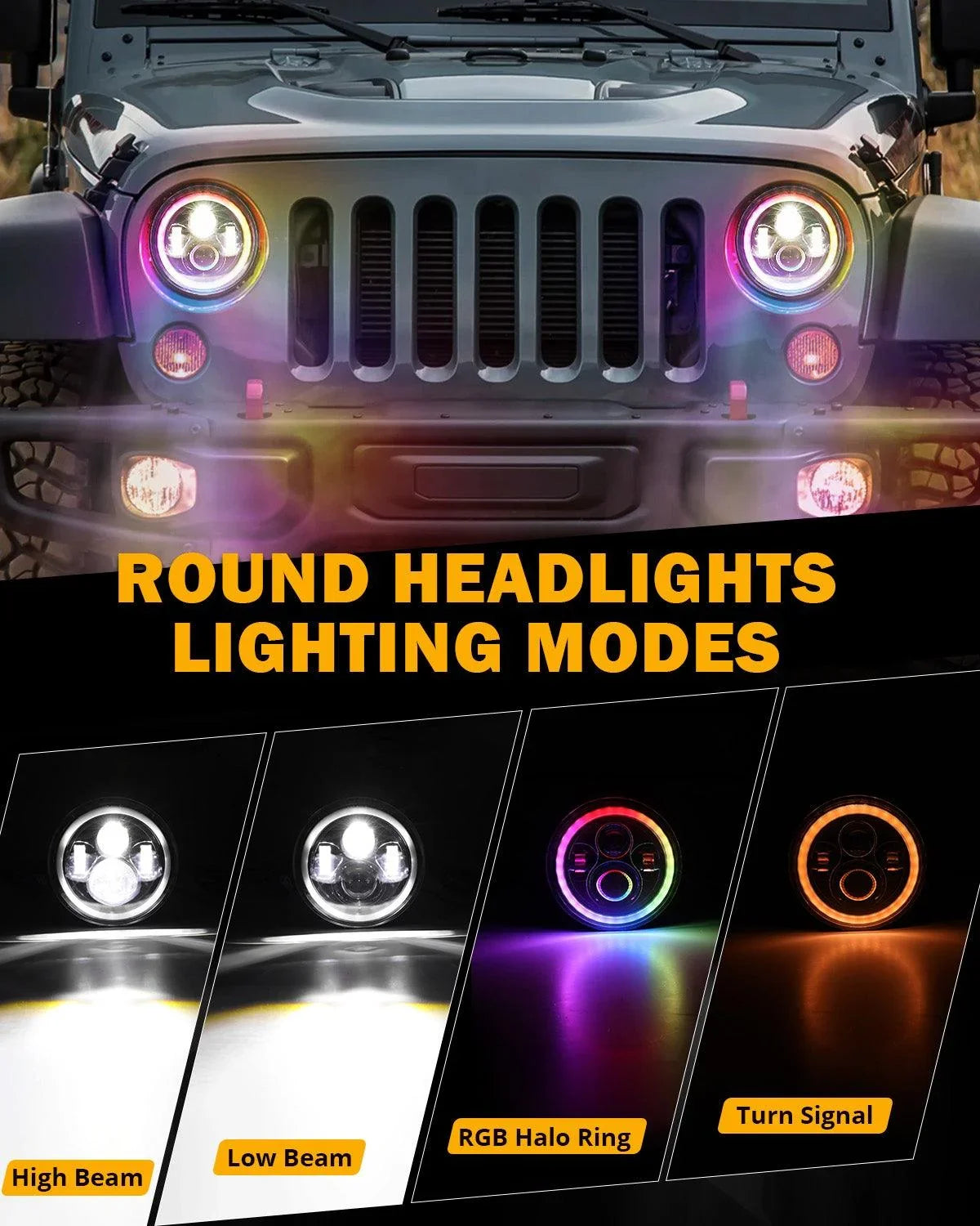 Upgraded RGB 7 Inch Headlights + 4 Inch Fog Lights Combo for Jeep Wrangler JK with APP Control - Image 2