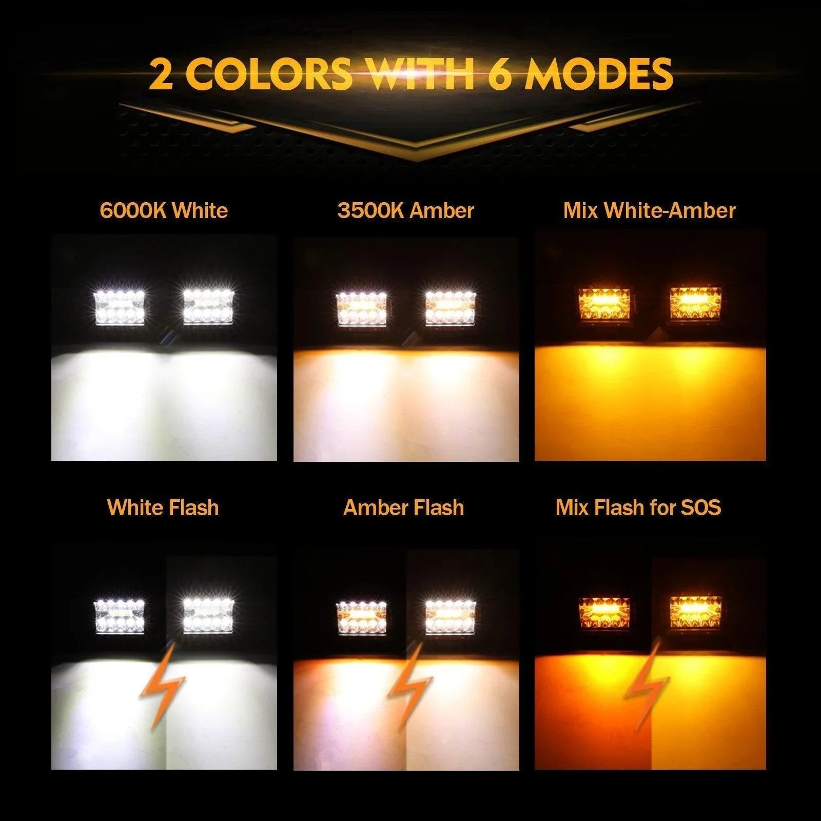 (2pcs/set) 3 inch 6 Modes White&Amber LED Square Light Pod Working Lights with Wiring Harness for Toyota Tundra TRD 4x4 Off-Road — 3"Embedded-72W - Image 2