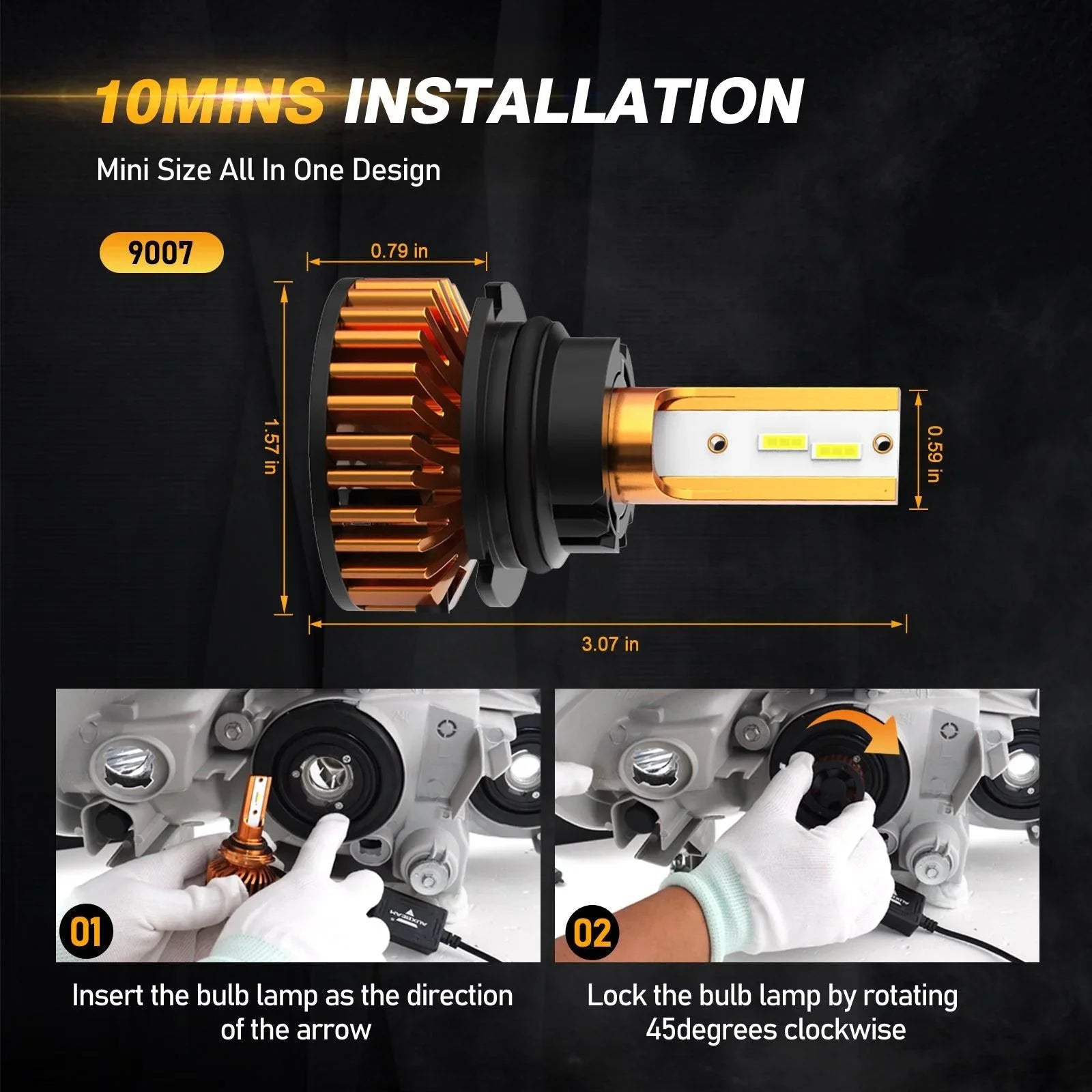 9007 LED Headlight Bulbs 52W 10000LM F2 Series Mini Size 6500K Cool White | 2 Bulbs — 9007/HB5 - Image 2