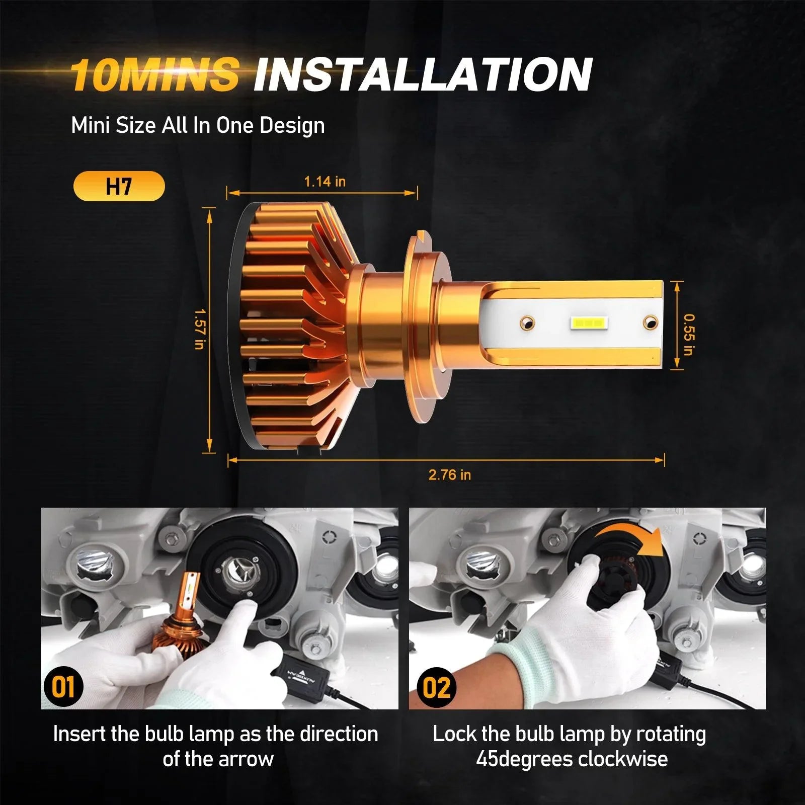 H7 LED Headlight Bulbs 52W 10000LM F2 Series Mini Size 6500K Cool White | 2 Bulbs — H7 - Image 2