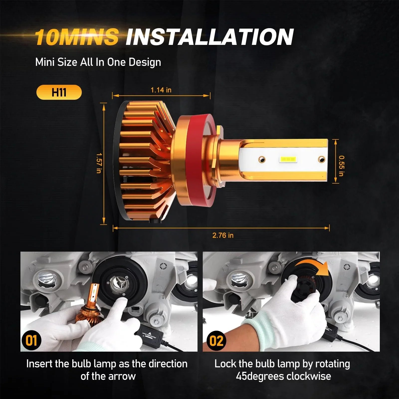 H11 LED Headlight Bulbs 52W 10000LM F2 Series Mini Size 6500K Cool White | 2 Bulbs — H11/H9/H8 - Image 2