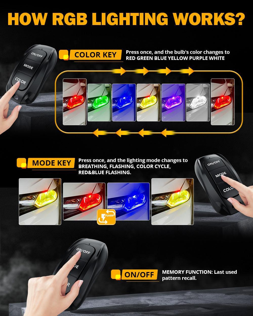 ๐9005/HB3 RGB LED Headlight Bulbs/DRL/Fog Light R7 Series 70W 25000LM 6500K Cool White + RGB Remote Control | 2 Bulbs - Image 5