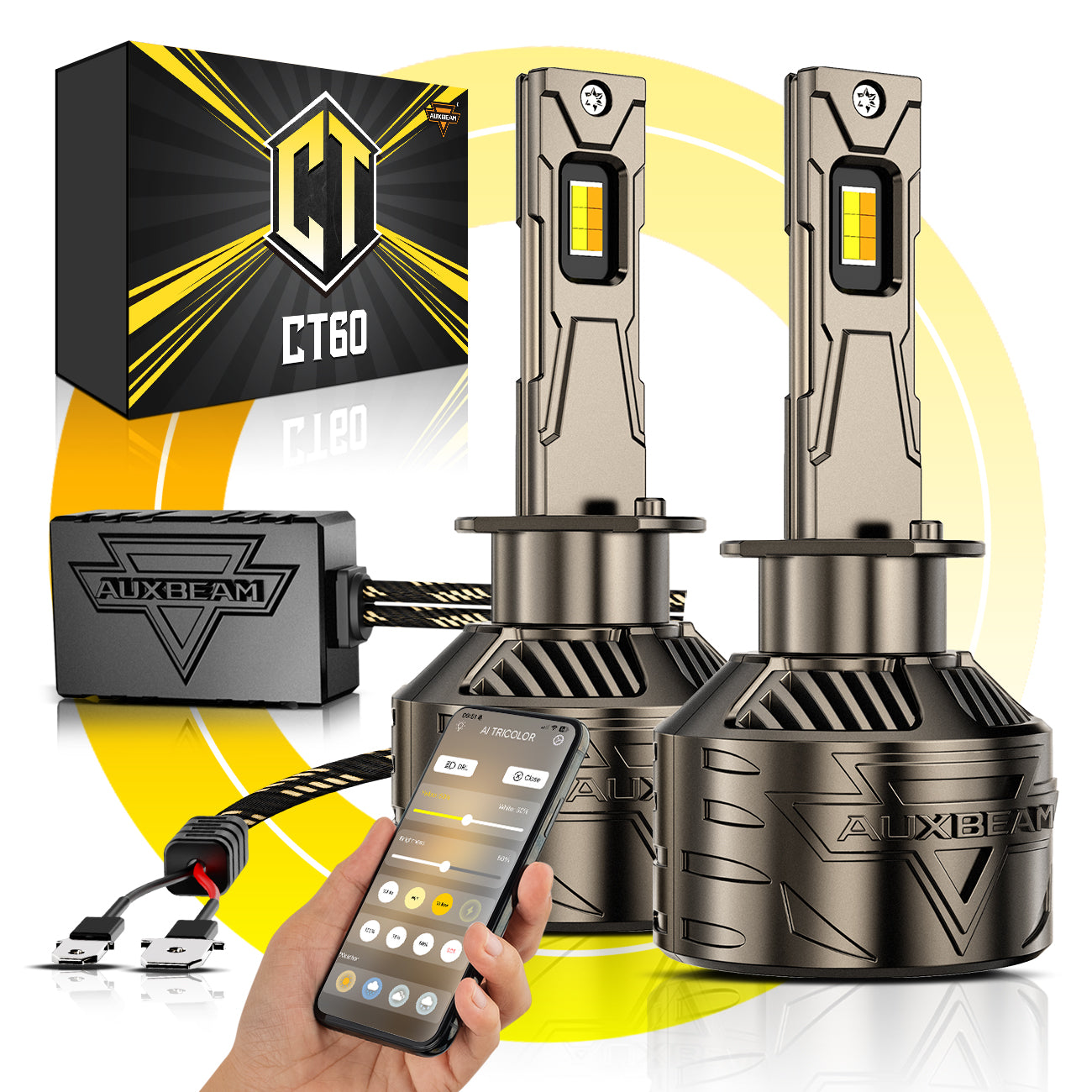 πH1 LED Bulb Fog Light/Low Beam Lighs 120W 25000LM CT60 Series, with App Control Via Bluetooth & Dual Color Switchback β Cost-Effective Choice | 2 Bulbs