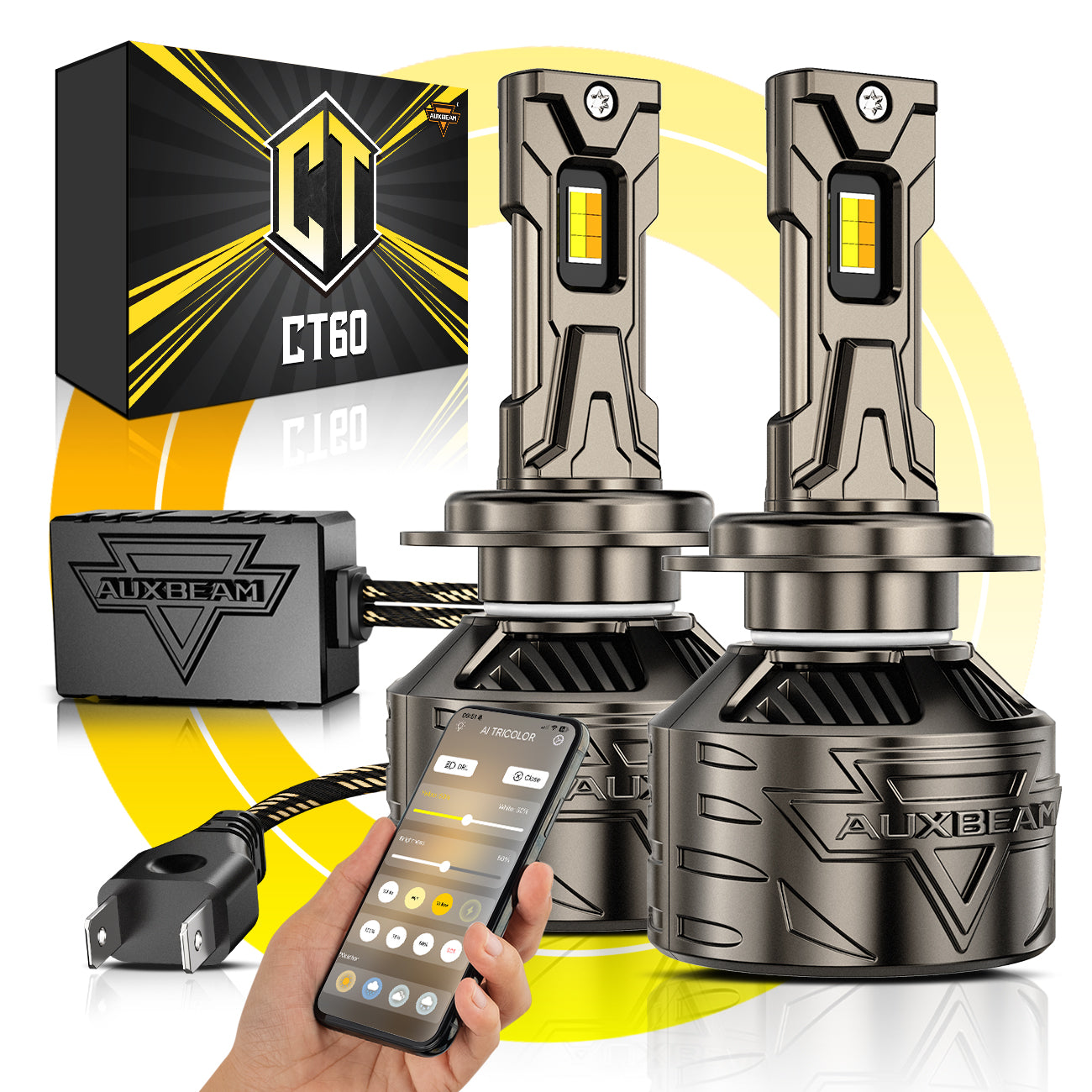 πH7 LED Bulb Fog Light/Low Beam Lighs 120W 25000LM CT60 Series, with App Control Via Bluetooth & Dual Color Switchback β Cost-Effective Choice | 2 Bulbs β H7 / -