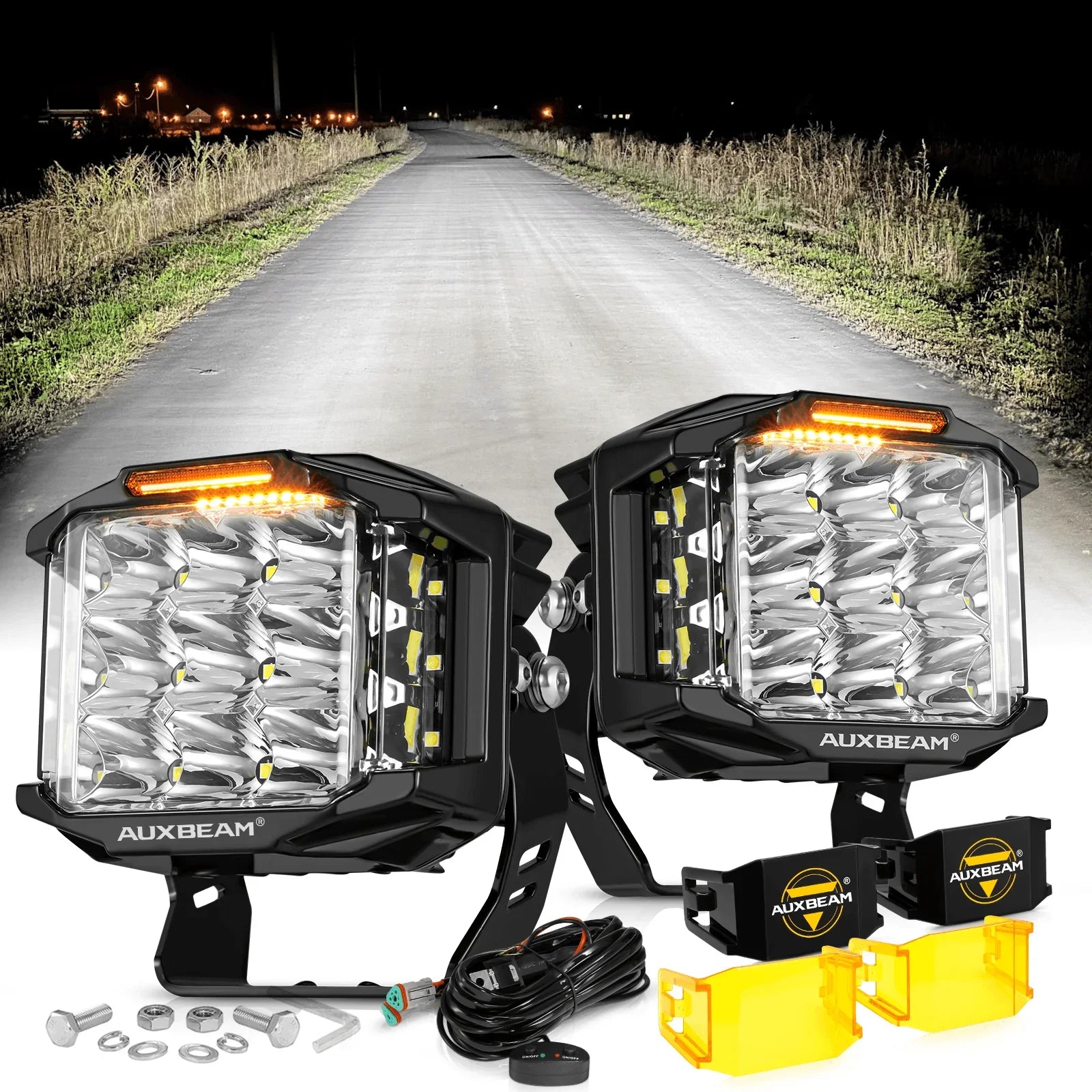 V-MAX Series | 5 Inch 168W 16440LM Spot Beam Side Shooter LED Square Pod Lights with Amber DRL — 2Pcs Pod Light / With Amber Covers