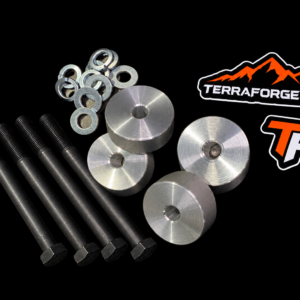 Touareg front crossmember spacers bolts and washers on black with TerraForge4x4 stickers