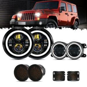 7" LED Headlight Replacement with Halo Ring + 4" LED Fog Light + Front Turn Signal & Fender Flares Side Marker Light for Jeep Wrangler JK — 7" LED Headlights