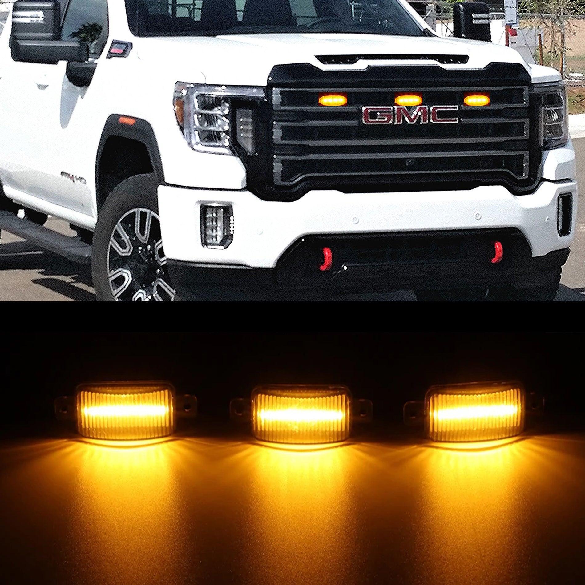 (3pcs/set) LED Front Grille Lights Raptor Style Amber Light Fit for GMC Sierra 2500 HD 2016-2021 (Amber shell/ Smoked shell) — Amber Shell