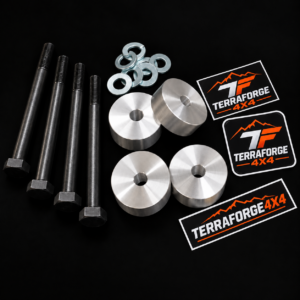 TerraForge4x4 25 mm front and rear crossmember drop kit for Porsche Cayenne 955/957 on black background with TF stickers