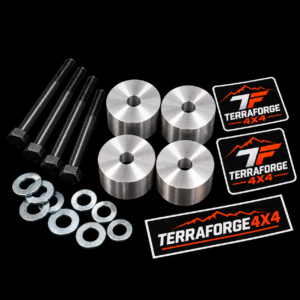 TerraForge4x4 30 mm rear spring drop spacers for Volkswagen Touareg 7L 2002–2010 on black background with TF stickers
