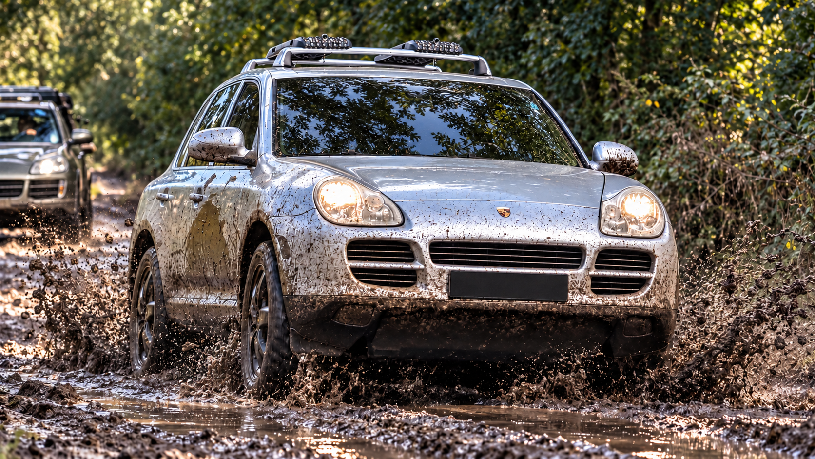 Mud-covered Porsche Cayenne 955 TerraForge4x4 trail build with blank registration plate