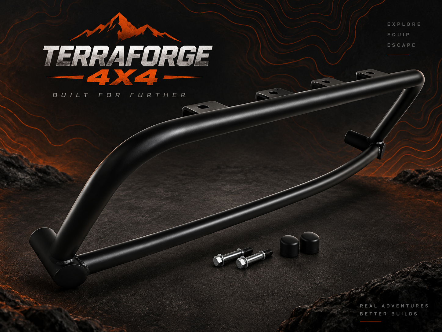 TerraForge4x4 front bull bar with light mounts on dark orange topographic background