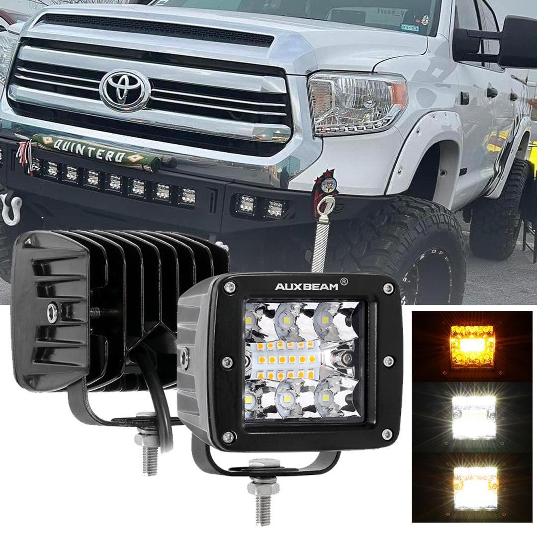 (2pcs/set) 3 inch 6 Modes White&Amber LED Square Light Pod Working Lights with Wiring Harness for Toyota Tundra TRD 4x4 Off-Road — 3"Embedded-72W