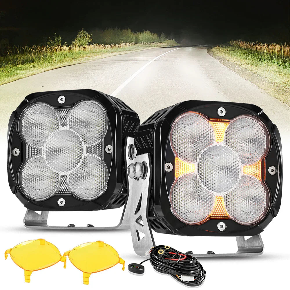 XP-ULTRA Series 4.5 Inch Flood Beam LED Pod Lights Off Road Lights with Amber DRL — 2Pcs Pod Light / With Amber Covers