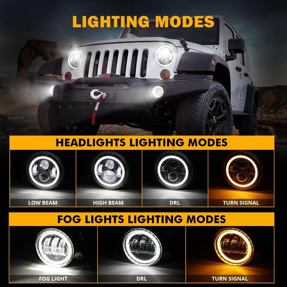 7 Inch LED Headlights + 4 Inch LED Fog Lights Set with Halo DRL Turn Signal High Low Beam for Jeep Wrangler JK JKU TJ LJ Rubicon Sahara Unlimited 1997-2018 - Image 2