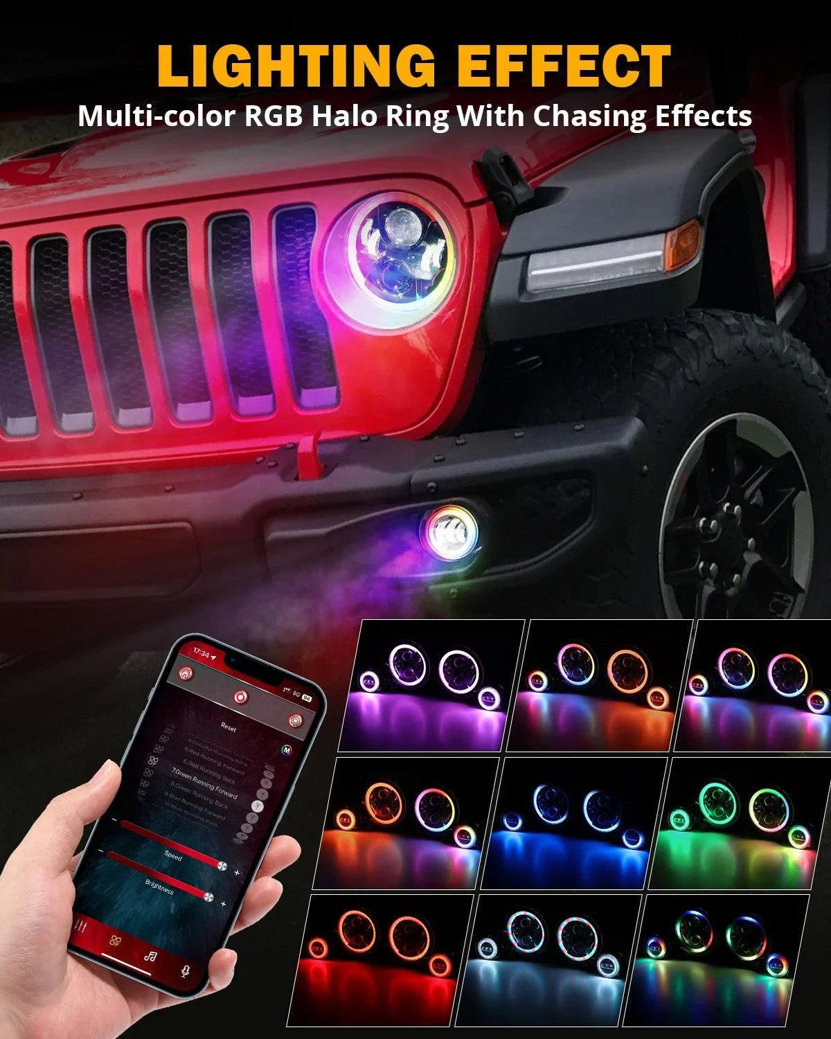 Upgraded RGB 9 Inch Headlights + 4 Inch Fog Lights Combo for Jeep Wrangler JL with APP Control - Image 2