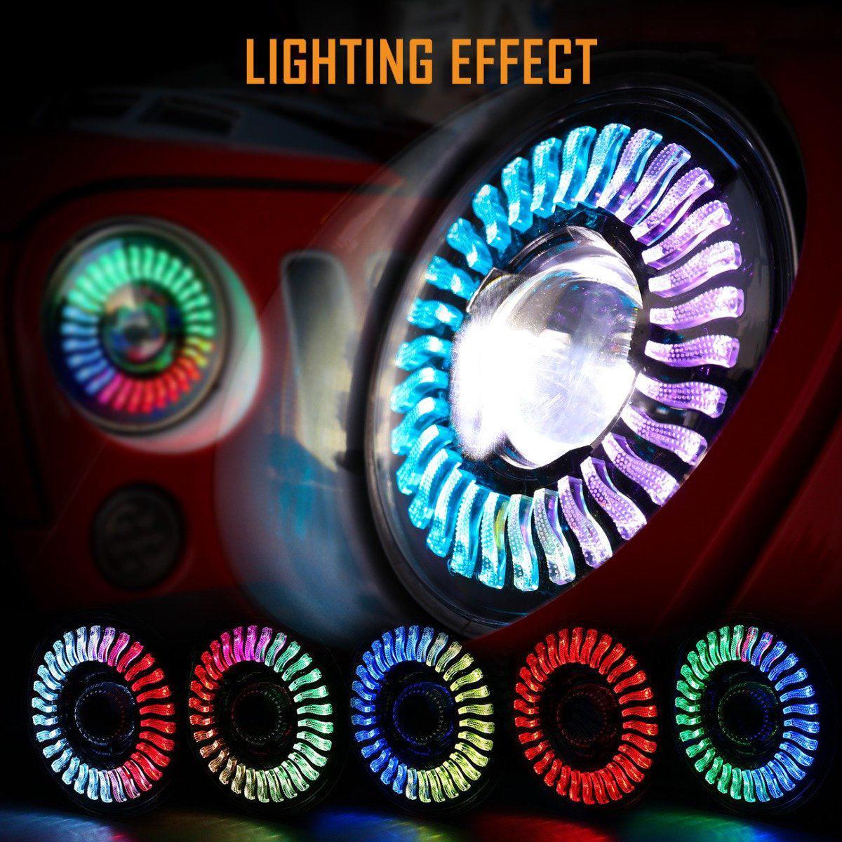 (2pcs/set) 7 inch 80W Hi-Lo Beam LED Headlight With RGB Flowing Halo Ring App Control for Jeep Wrangler JK, TJ, LJ, CJ - Image 2