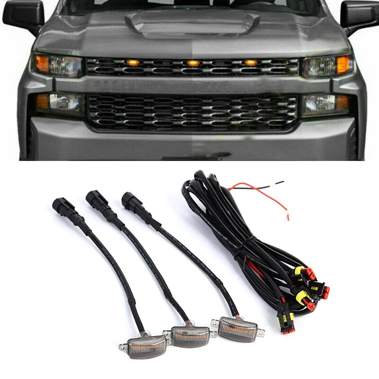 (3pcs/set) LED Front Grille Lights Raptor Style Amber Light Fit for Chevrolet Silverado 1500 2016-2021 (Amber shell/ Smoked shell) — Smoked Shell - Image 2