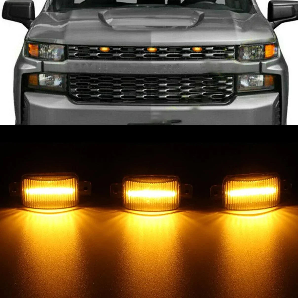 (3pcs/set) LED Front Grille Lights Raptor Style Amber Light Fit for Chevrolet Silverado 1500 2016-2021 (Amber shell/ Smoked shell) — Smoked Shell
