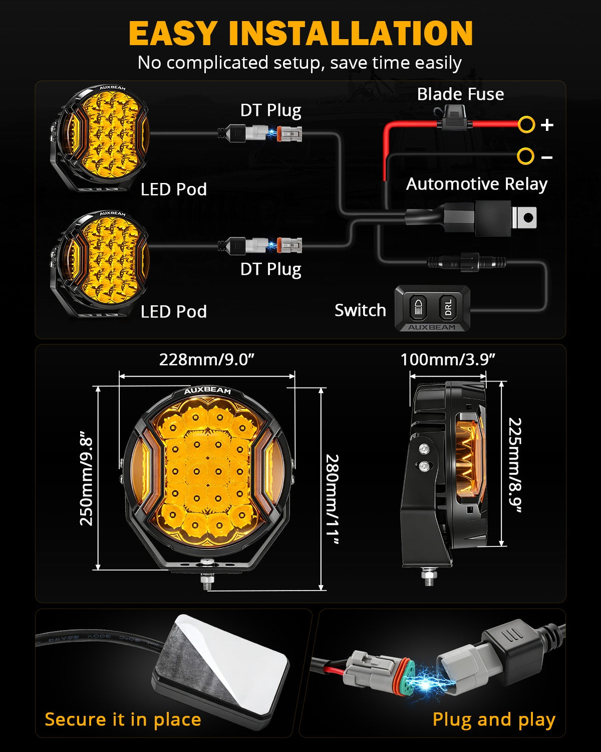 V-ULTRA Series | 9 Inch 300W LED Side Shooter Amber Driving Lights with Amber DRL — Driving Lights + Black Covers - Image 2