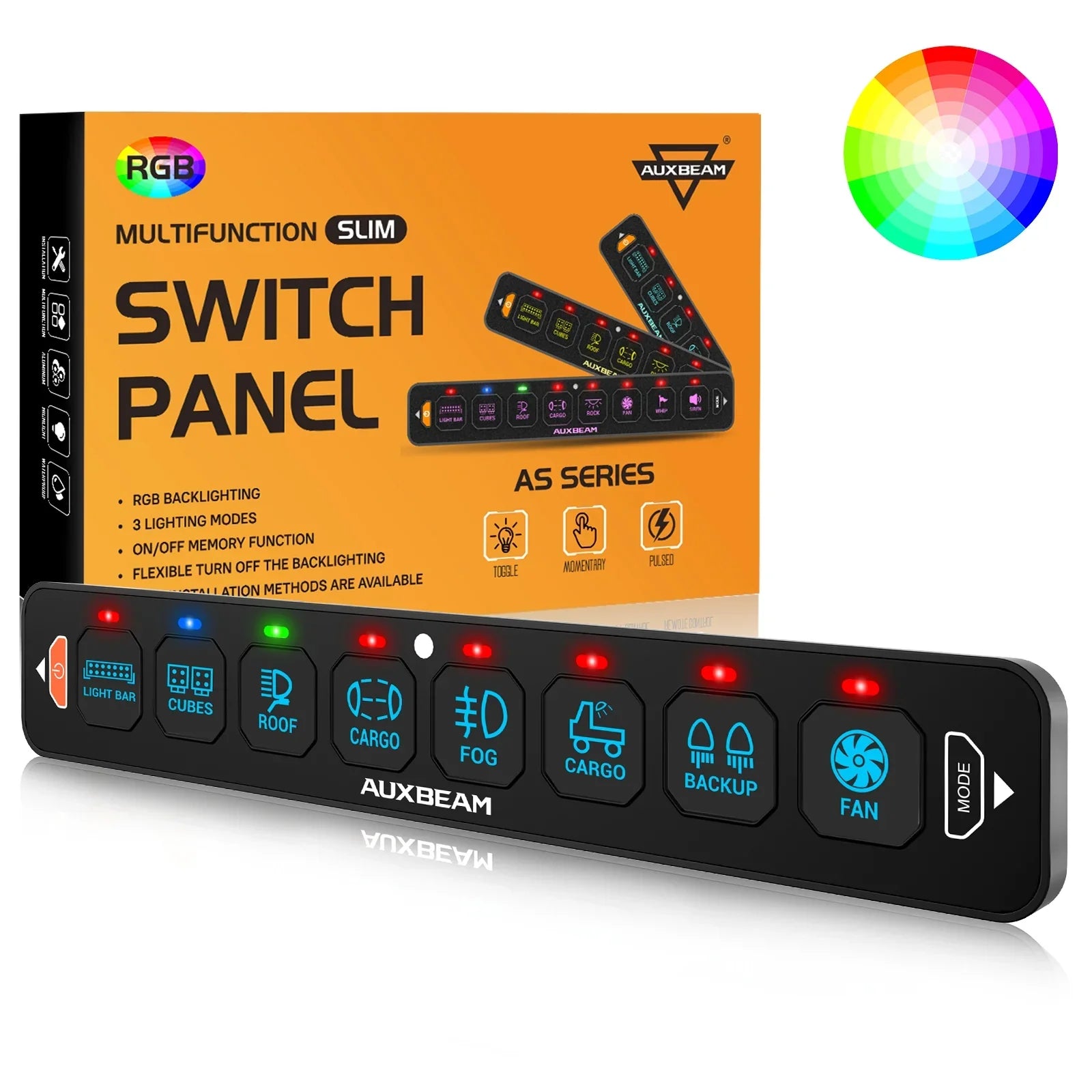 AS Series 8 Gang (AS-R80) RGB Slim Switch Panel, Toggle/ Momentary/ Pulsed Mode Supported(One-Sided Outlet) — AS-R80 RGB Switch Panel