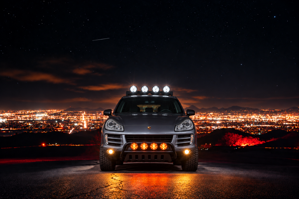 TerraForge4x4 Porsche Cayenne 957 met daklampen en oranje extra verlichting bij nacht